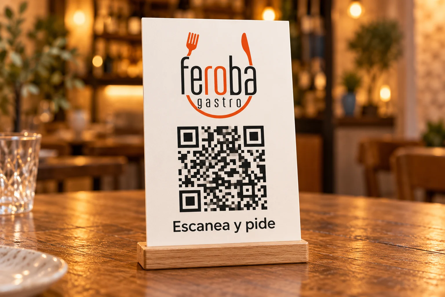 Imagen de presentación de una placa Feroba Gastro sobre una mesa, con su código QR y la indicación Escanea y pide